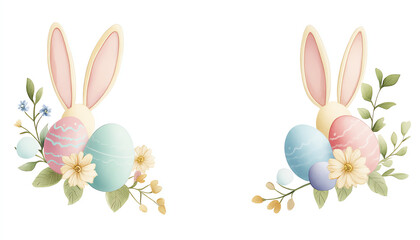 A colorful Easter decoration frame with pastel eggs, flowers, and bunny ears, set against a clean white isolated background for a festive spring vibe