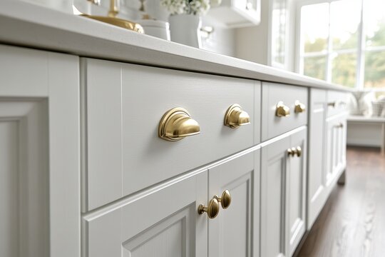 Close-up of white kitchen cabinets with gold cup pulls. Illustrates elegant kitchen design and hardware choices.