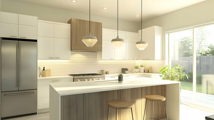 Modern Kitchen Design: White & Wood Cabinets, Island, and Natural Light