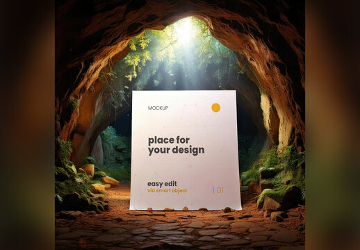 Page Poster Mockup Inside a Magical Natural Cave