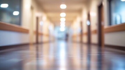 Fototapeta premium Blurred hospital corridor, shiny floor. Ideal for healthcare, calm, sterile concepts.