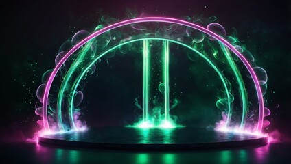 Neon arch with smoke, green glowing portal, futuristic circle gate, magic stage with vapor