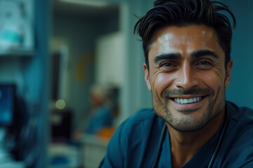 Obraz premium A cheerful healthcare professional smiling broadly in a medical environment, showcasing a positive attitude.
