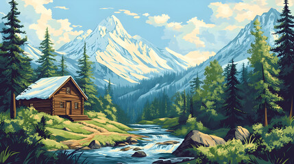 Serene Cabin by the River in Snowy Mountains