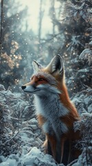Obraz premium Regal red fox in a snowy forest illuminated by golden light and surrounded by frost-covered branches