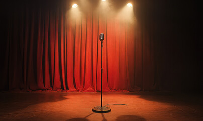 Empty Stand up Comedy Stage Awaiting Performers in a Dimly Lit Venue at Night