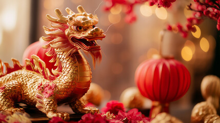 Celebrating the Year of the Dragon, Vibrant Chinese New Year 2024 depiction with traditional red & gold elements, including lanterns and flowers,