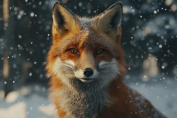 Fototapeta premium Cute fluffy red fox in warm knitted scarf. Banner with funny wild beautiful forest animal with fallen snow. Winter design for card and print. Christmas and New year concept See Less