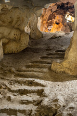 Interior of the large hall of old Karain cave, hidden in Mediterranean region. Confirms human habitation since the early Paleolithic age between 150,000 and 200,000 years ago.Yagca, Antalya, Turkey.