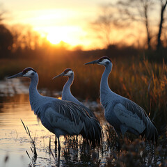 Obraz premium A wetland area with cranes standing among the reeds