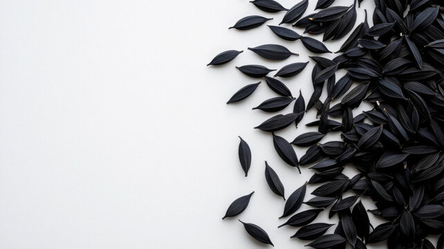 Black cumin seeds scattered on white background, creating striking contrast
