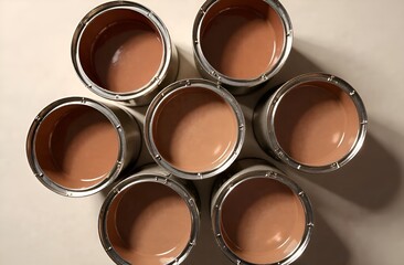 open cans of paint in the color of the year mocha mousse on a light background