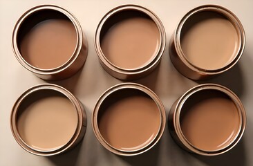 Top view of open cans of paint in color of the year mocha mousse on light background