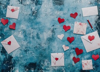 Valentine's Day background with envelope, paper hearts, and pencil on a blue background. Valentine's Day concept. Love letter paper cut out and red pencil nearby.