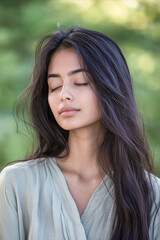 Fototapeta premium Portrait of a young woman with closed eyes, serene expression, outdoors in a natural green setting