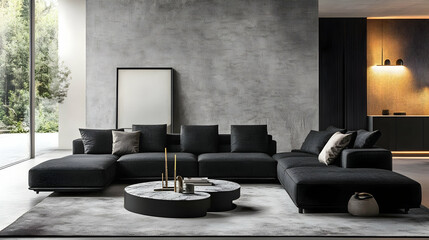 Modern Living Room Interior Design: Concrete, Black Sofa & Marble Accents