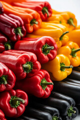 Fresh red, yellow, and orange bell peppers stacked together, showcasing vibrant colors and