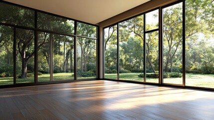 Serene Modern Room with Panoramic Views of a Lush Green Landscape