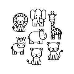 set of funny cartoon safari animals lion elephant giraffe zebra rhino and cat vector cutout illustration 