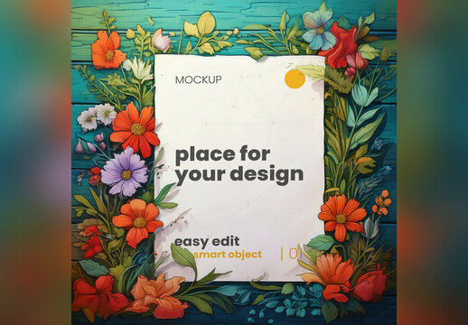 Sheet of Paper Cartoon Style Mockup with Colorful Flowers