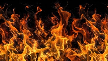 A mesmerizing display of vibrant orange and yellow flames against a black background, creating a dynamic and energetic visual effect.