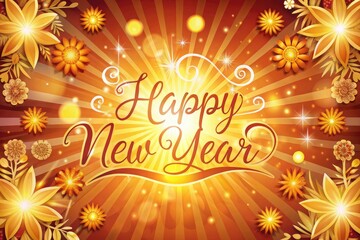 {Happy new year Banner with Golden Sun Rays}: A warm and cheerful background featuring glowing sun rays and floral motifs.