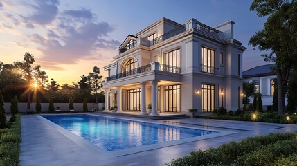 Elegant house with a swimming pool in a modern architectural style