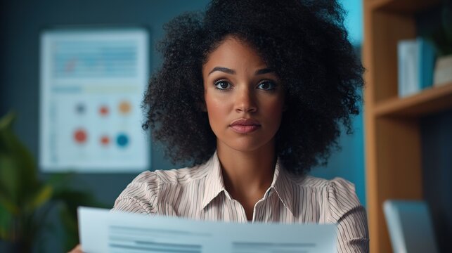 Businesswoman Scrutinizing Contract in Office, Exuding Trust and Skepticism Amidst Financial Charts. A Medium Shot Emphasizing Decision-Making Clarity in Natural Light.