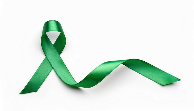 Green ribbon isolated on white, green ribbon is the international symbol of mental health awareness, Global warming awareness, Natural disasters awareness, brain injuries awareness.