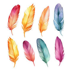 A digital illustration showcasing eight vibrantly colored feathers arranged neatly in a two by four grid pattern against a black background.
