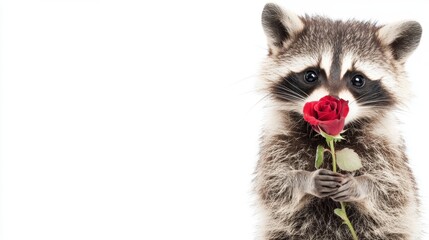 A cute raccoon holds a red rose, creating a charming and whimsical scene against a white background.