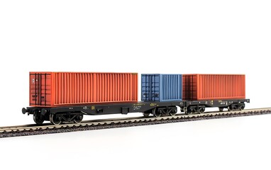 Obraz premium Three shipping containers on a railway flatcar against a white background.
