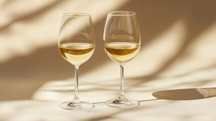 Two elegant glasses of white wine with soft shadows