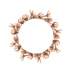 Floral neutral colors wreath with wildflowers in beige and mocha mousse colors watercolor illustration. Hand drawn isolated floral frame for greeting card, wedding invitation, product packing design