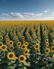 Obraz premium Field of sunflowers in bright blue sky, no clouds visible - Blue Sky Sunflower Field, natural beauty, sunny field