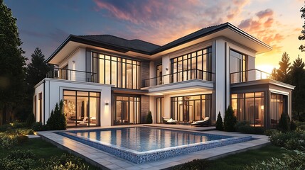 Elegant house with a swimming pool in a modern architectural style