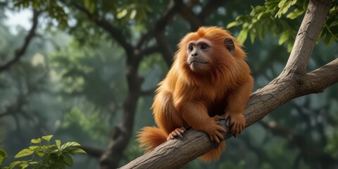 Golden lion tamarin sitting on a forked tree branch, looking around curiously ,  tree branch,  foliage