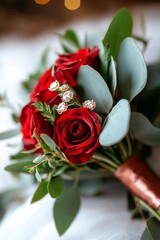 Beautiful red roses bouquet with greenery and decorative accents