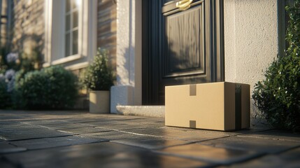 Fototapeta premium A cardboard box sits on a doorstep, sunlight illuminating it. It depicts online shopping delivery and convenience.