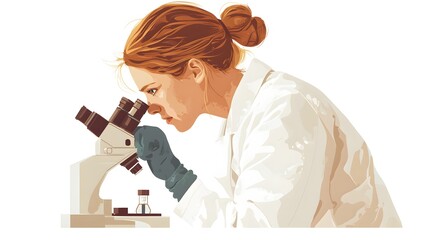A scientist is looking through a microscope in a laboratory. This flat vector illustration has a white background, a simple design