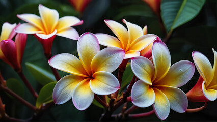 Obraz premium Beautiful plumeria flowers in shades of yellow and pink blooming delightfully against a dark green background