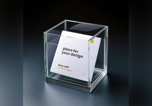 Square Stand Paper inside Glass Box Mockup