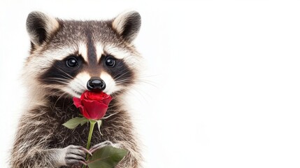 A charming raccoon holds a red rose, showcasing a playful and endearing expression against a minimalistic background.