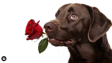 A brown dog holds a red rose in its mouth, showcasing a mix of affection and playfulness against a white background.