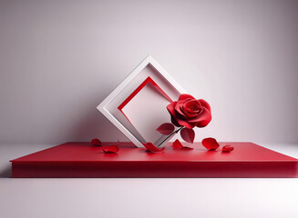 A single red rose with scattered petals rests on a red platform, nestled within abstract white geometric shapes.  The minimalist composition evokes elegance and romance.
