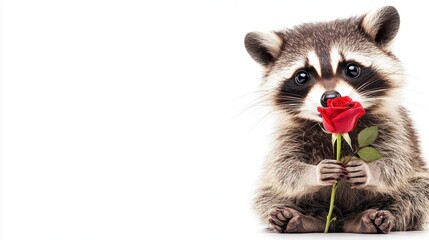 A cute raccoon holds a red rose, showcasing an adorable expression against a minimalistic white background.