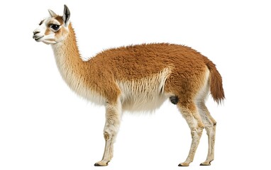 Obraz premium A vicuña, a wild camelid, standing against a white background.