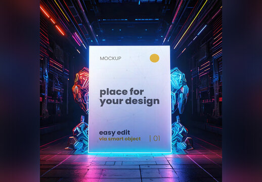 Vertical Poster Mockup inside Futuristic Spaceship