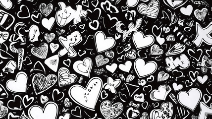 Fototapeta premium Doodles of hearts and playful sketches on black background evoke love