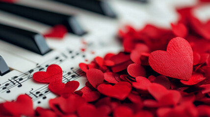 Romantic red hearts scattered on piano keys with sheet music